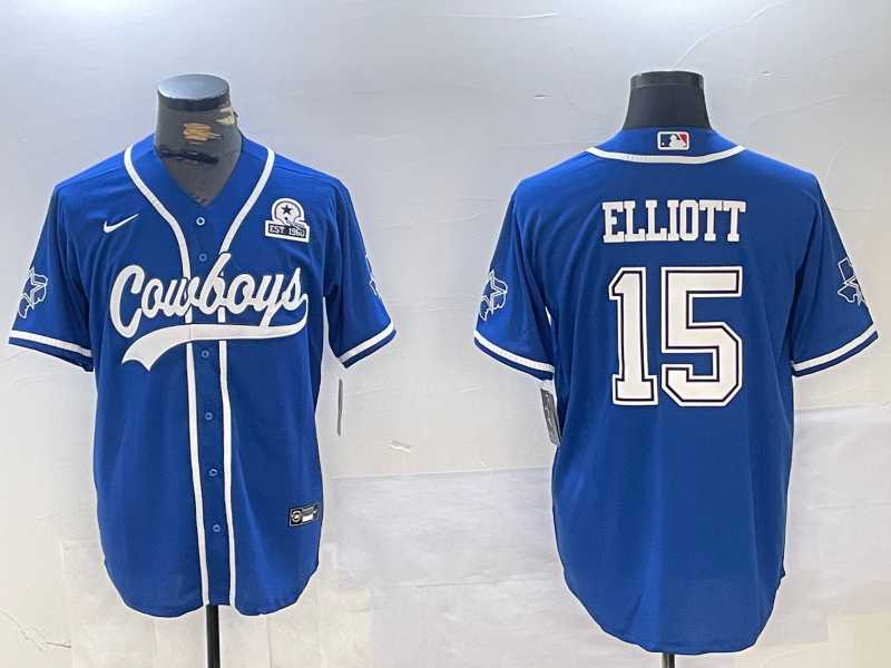 Mens Dallas Cowboys #15 Ezekiel Elliott Light Blue With 1960 Patch Cool Base Stitched Baseball Jersey